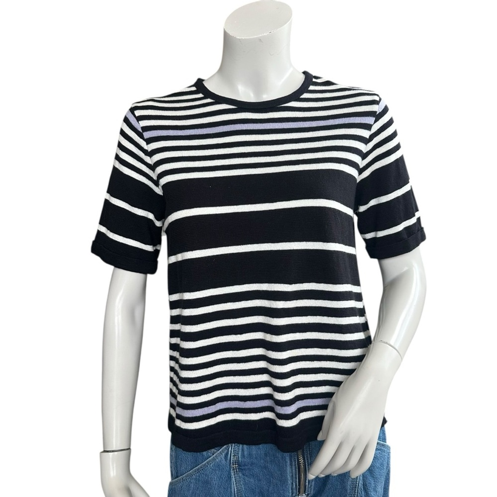 Anthropologie Black White Purple Stripe Short Sleeve Cotton Boxy Sweater Small